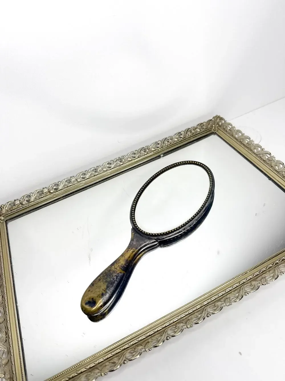Antique Art Nouveau Hand Mirror Gold Tone